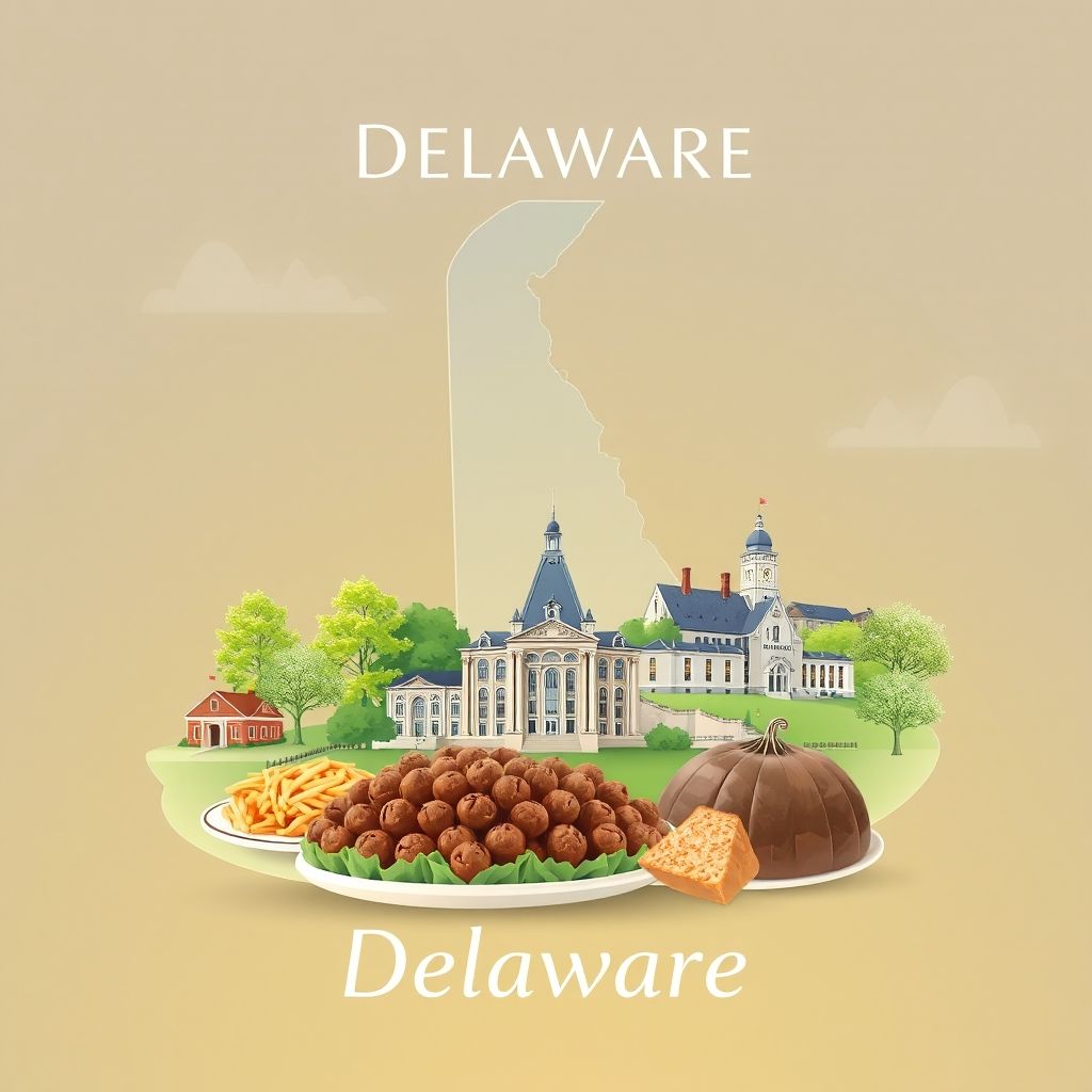 Ultra-high-definition gradient illustration of Delaware featuring the Winterthur Museum, Garden and Library, historic New Castle, and classic scrapple.
