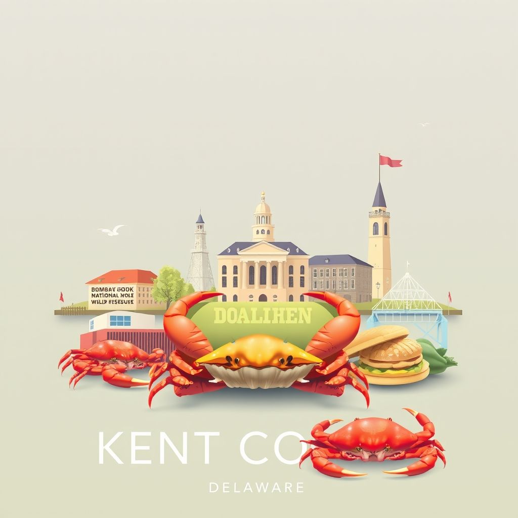 Ultra-high-definition gradient illustration of Kent County, Delaware, featuring the Bombay Hook National Wildlife Refuge, the historic Dover Green, and blue crabs.