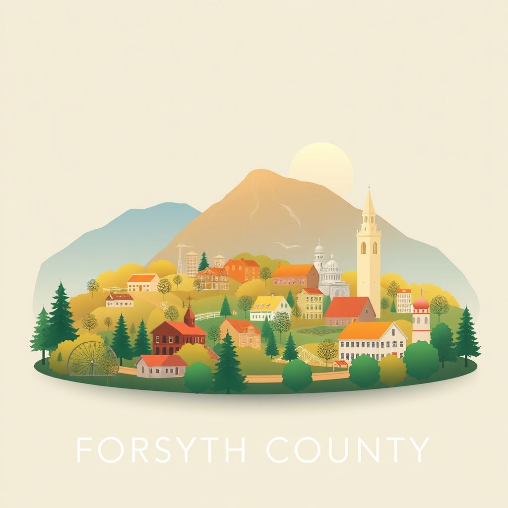 Ultra-high-definition gradient illustration of Forsyth County, Georgia, featuring Sawnee Mountain, Big Creek Greenway, and peach cobbler.