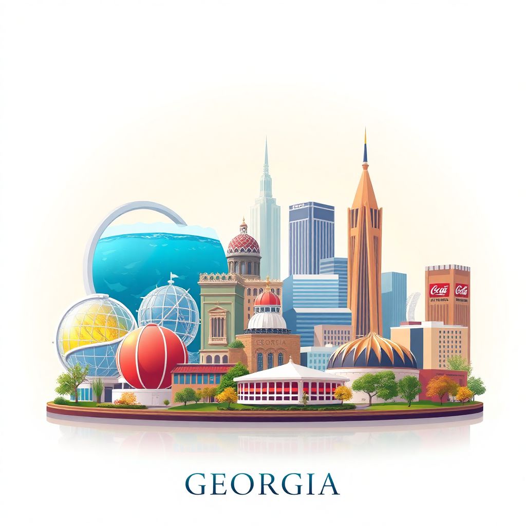 Ultra-high-definition gradient illustration style Georgia illustration, showing the unique charm of the Georgia Aquarium, the World of Coca-Cola, and the Martin Luther King Jr. National Historical Park.