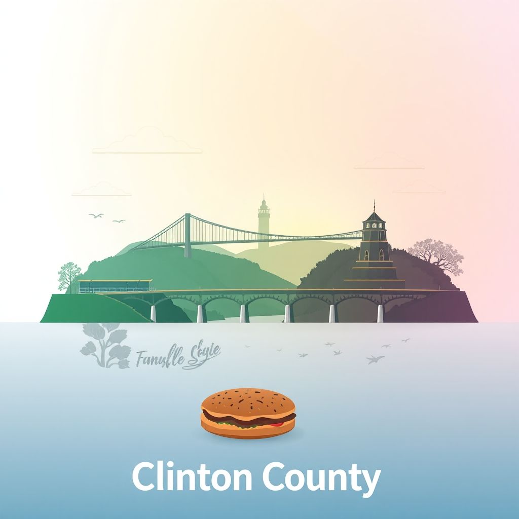 Ultra-high-definition gradient illustration of Clinton County, Illinois, featuring the Carlyle Lake Dam, General Dean Suspension Bridge, Cahokia Mounds, Kaskaskia River, and pork tenderloin sandwiches.