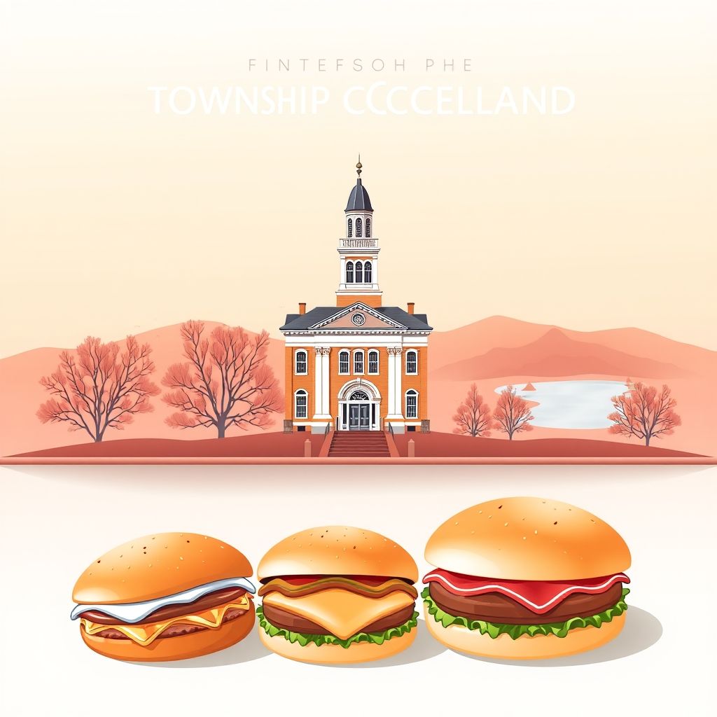 Gradient illustration of Township of McClellan, featuring Mt. Vernon City Hall, Rend Lake, and pork tenderloin sandwiches.