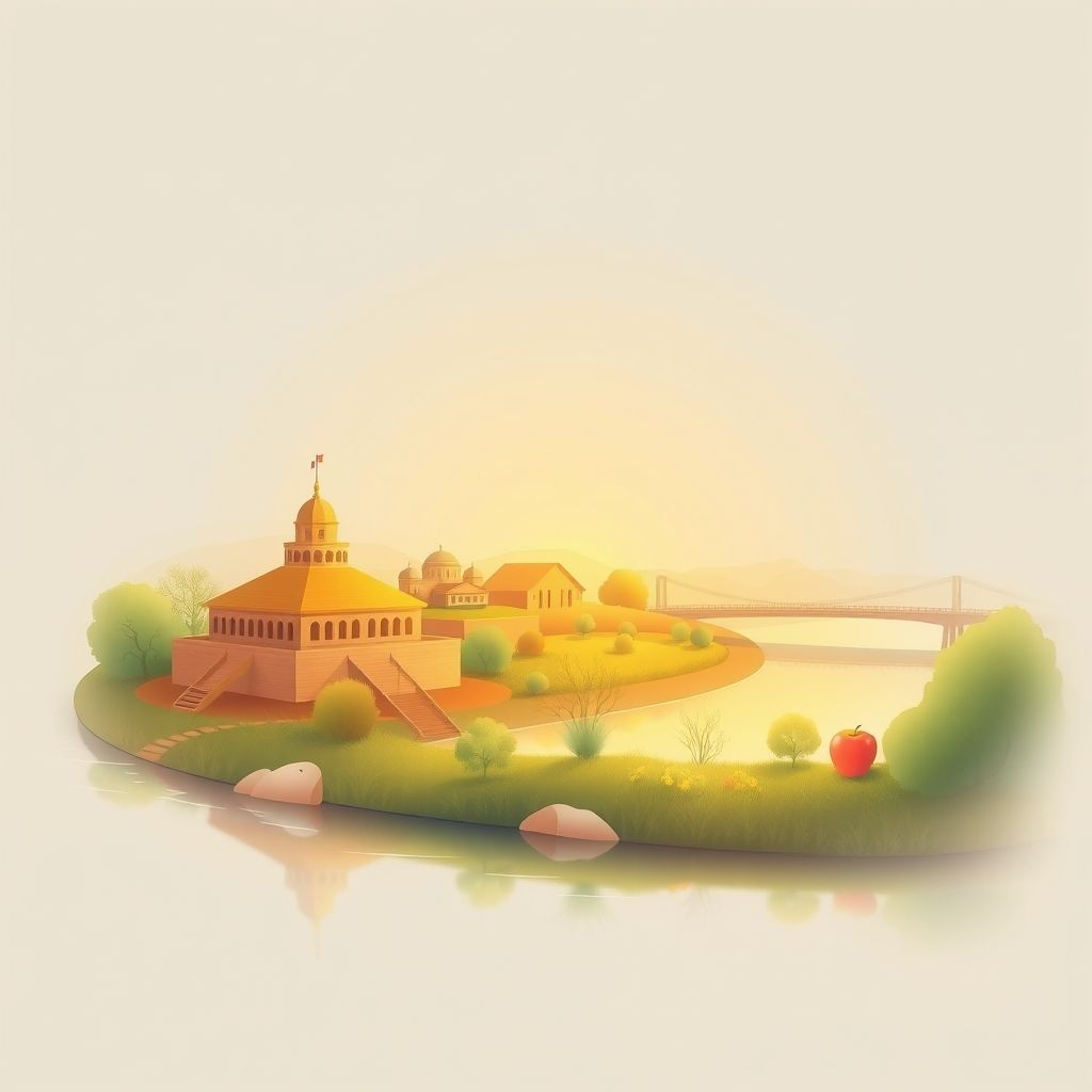 Ultra-high-definition gradient illustration of Pike County, Illinois, featuring the New Philadelphia archaeological site, the Mississippi River, and local cuisine like apple pie.