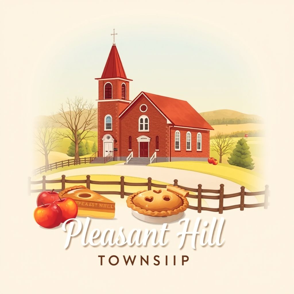 Ultra-high-definition gradient illustration of Pleasant Hill Township, featuring the historic Pleasant Hill School, scenic countryside, and local specialties like apple pie.