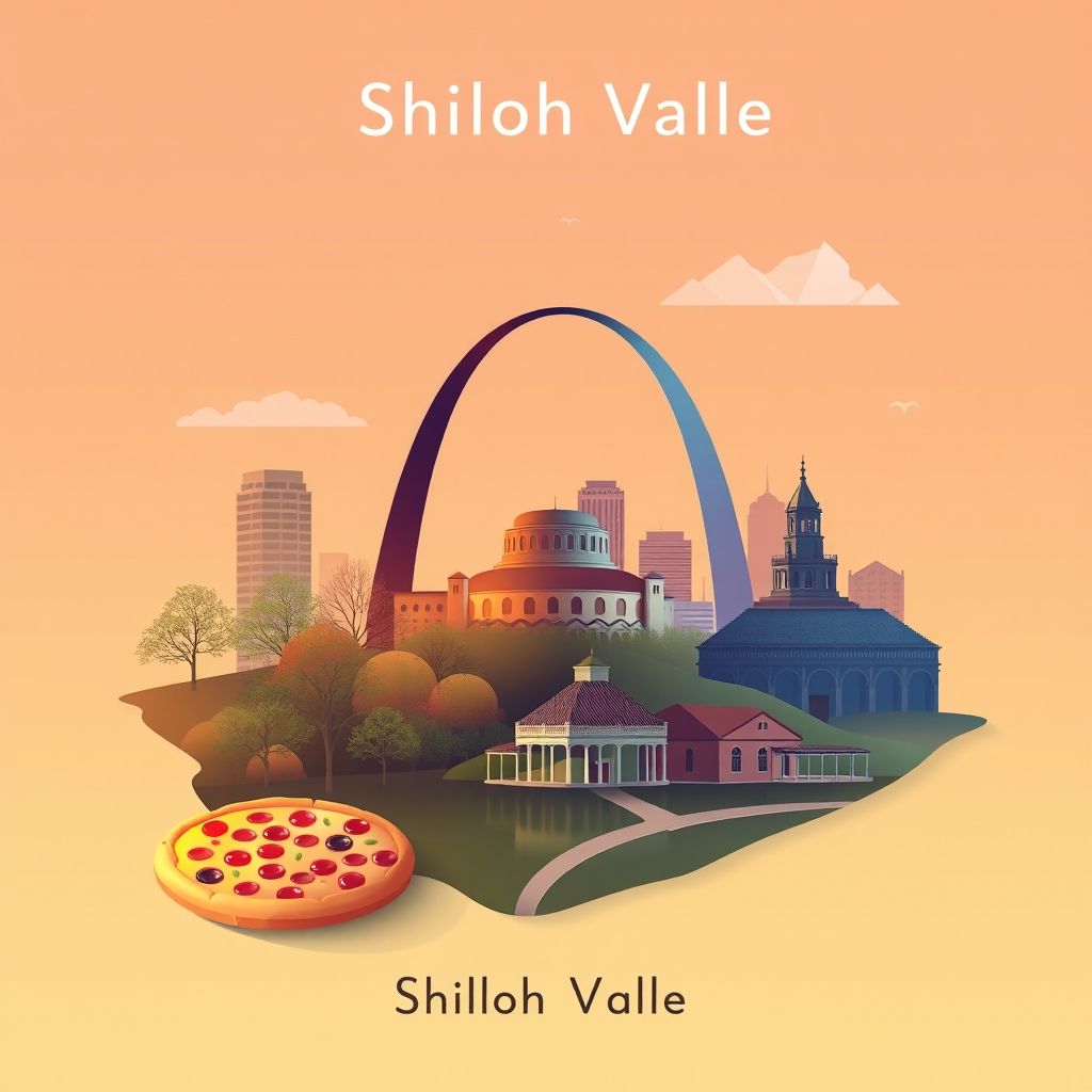 Ultra-high-definition gradient illustration of Township of Shiloh Valley, featuring the Gateway Arch, Cahokia Mounds, Lewis and Clark Historic Site, and deep-dish pizza.