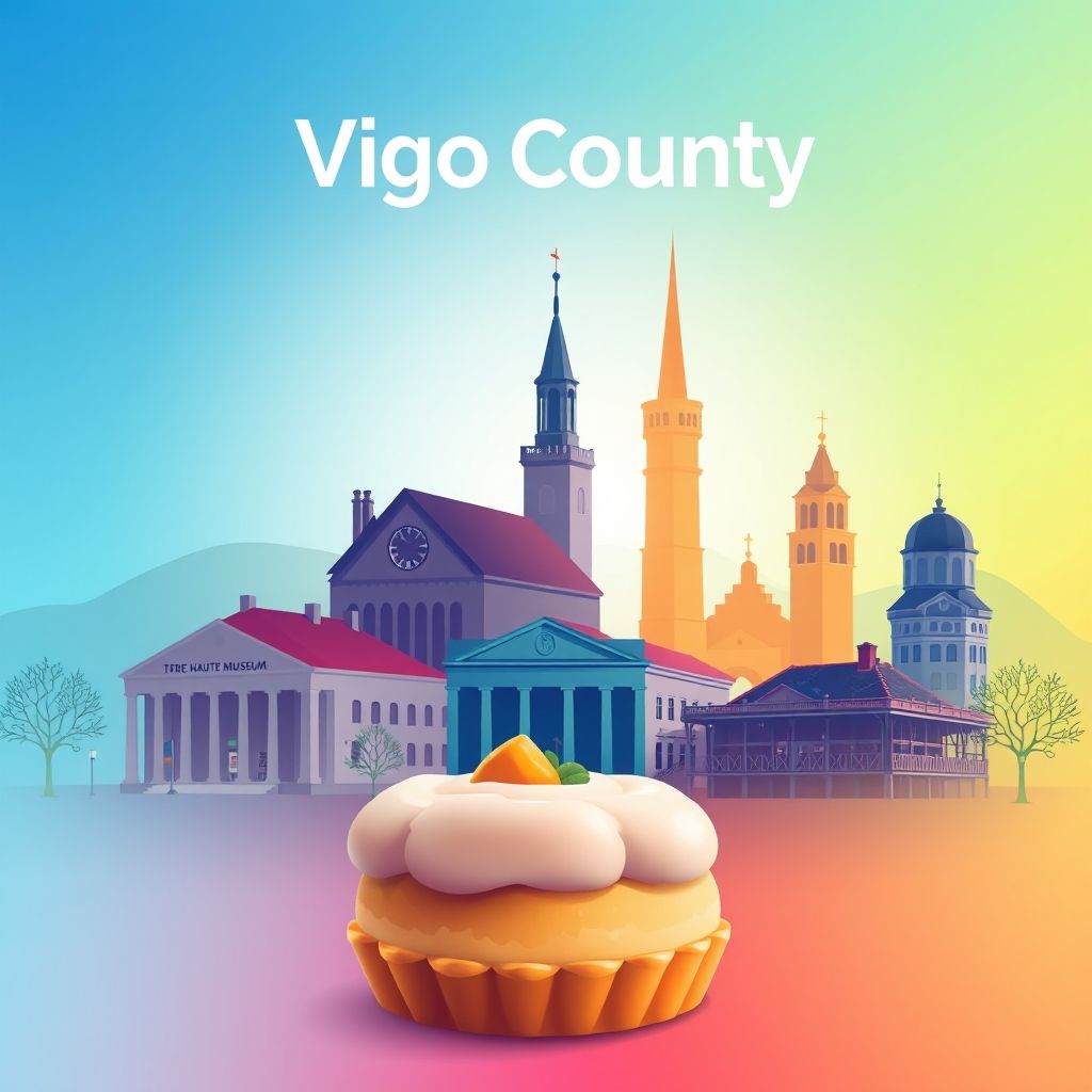Ultra-high-definition gradient illustration of Vigo County, Indiana, featuring the Terre Haute Children's Museum, the Swope Art Museum, and sugar cream pie.