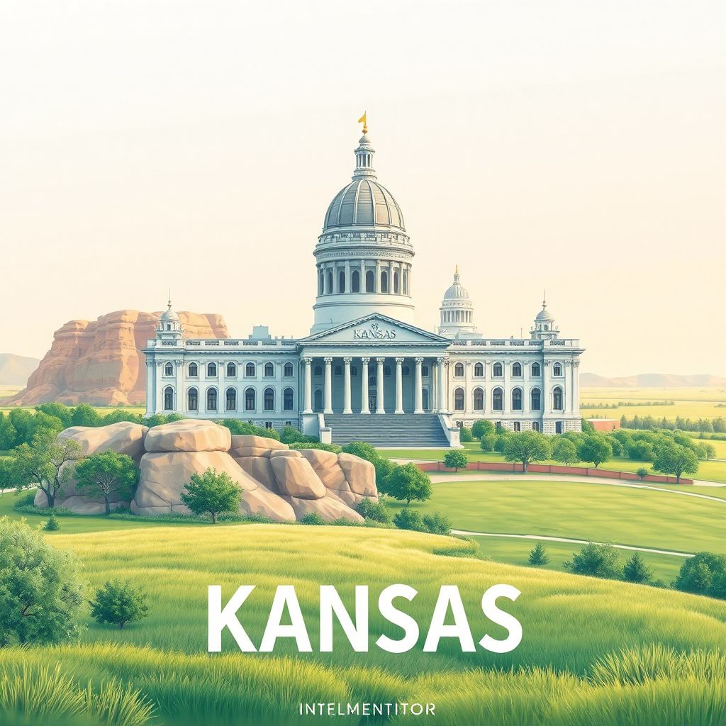 Ultra-high-definition gradient illustration style Kansas illustration, showing the unique charm of the Kansas State Capitol, Monument Rocks, and the Flint Hills.