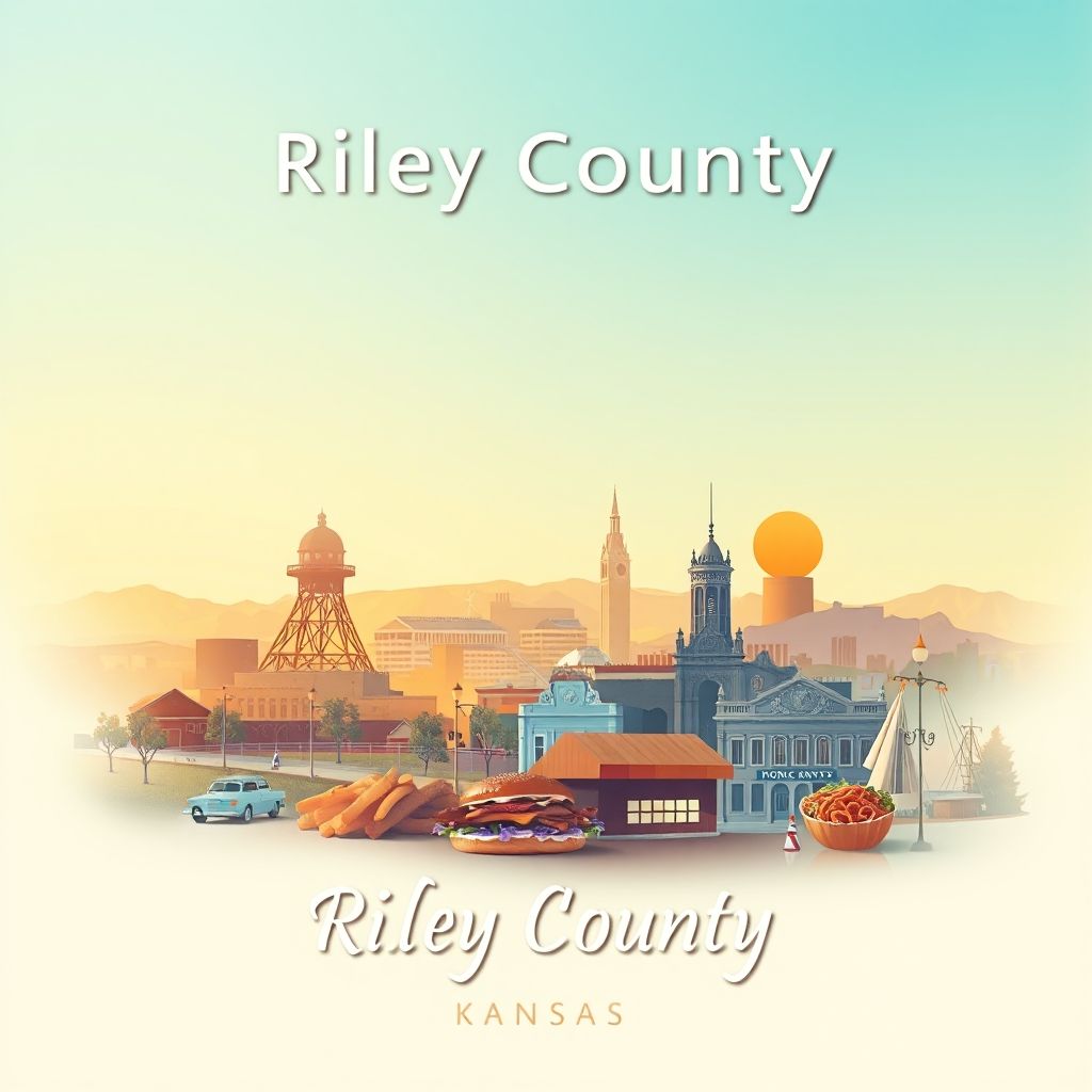 Ultra-high-definition gradient illustration of Riley County, Kansas, featuring the Konza Prairie Biological Station, historic downtown Manhattan, and local barbecue specialties.