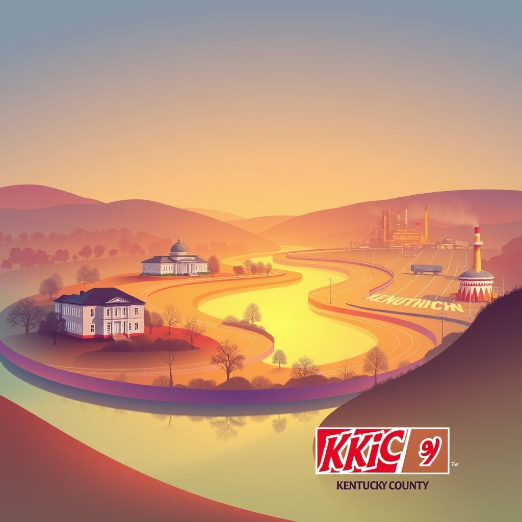 Ultra-high-definition gradient illustration of Gallatin County, Kentucky, featuring the Kentucky Speedway, Ohio River, historic homes, bourbon distilleries, and Kentucky Fried Chicken.