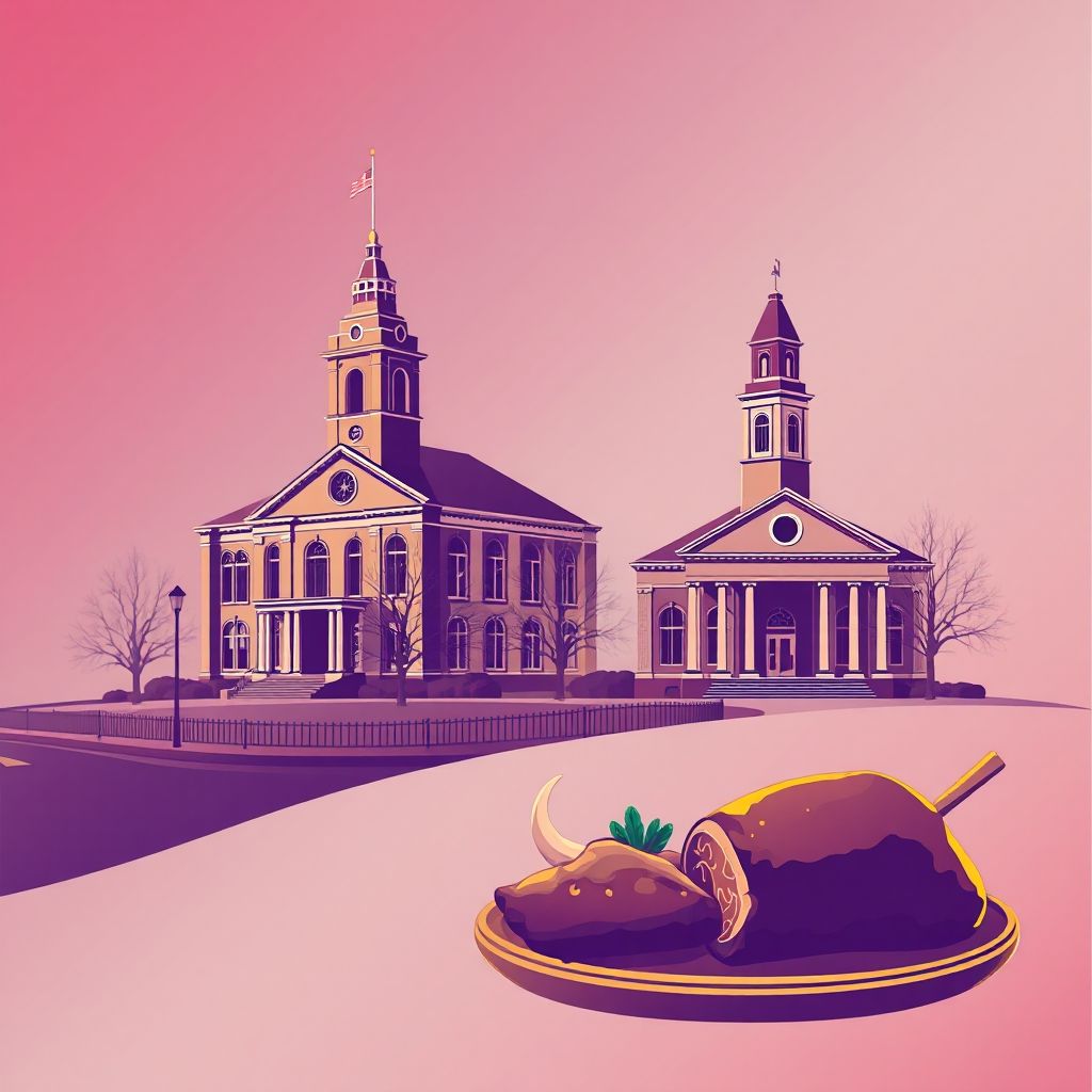 Ultra-high-definition gradient illustration of Hopkins County, Kentucky, featuring Madisonville City Hall, Hopkins County Courthouse, burgoo, and mutton barbecue.