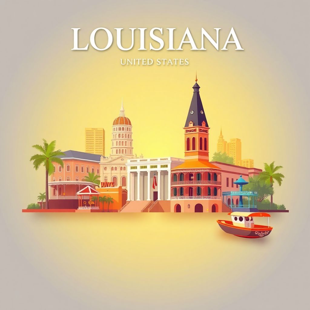 Ultra-high-definition gradient illustration style Louisiana image, featuring the French Quarter in New Orleans, the Louisiana State Capitol building, and vibrant music scenes.