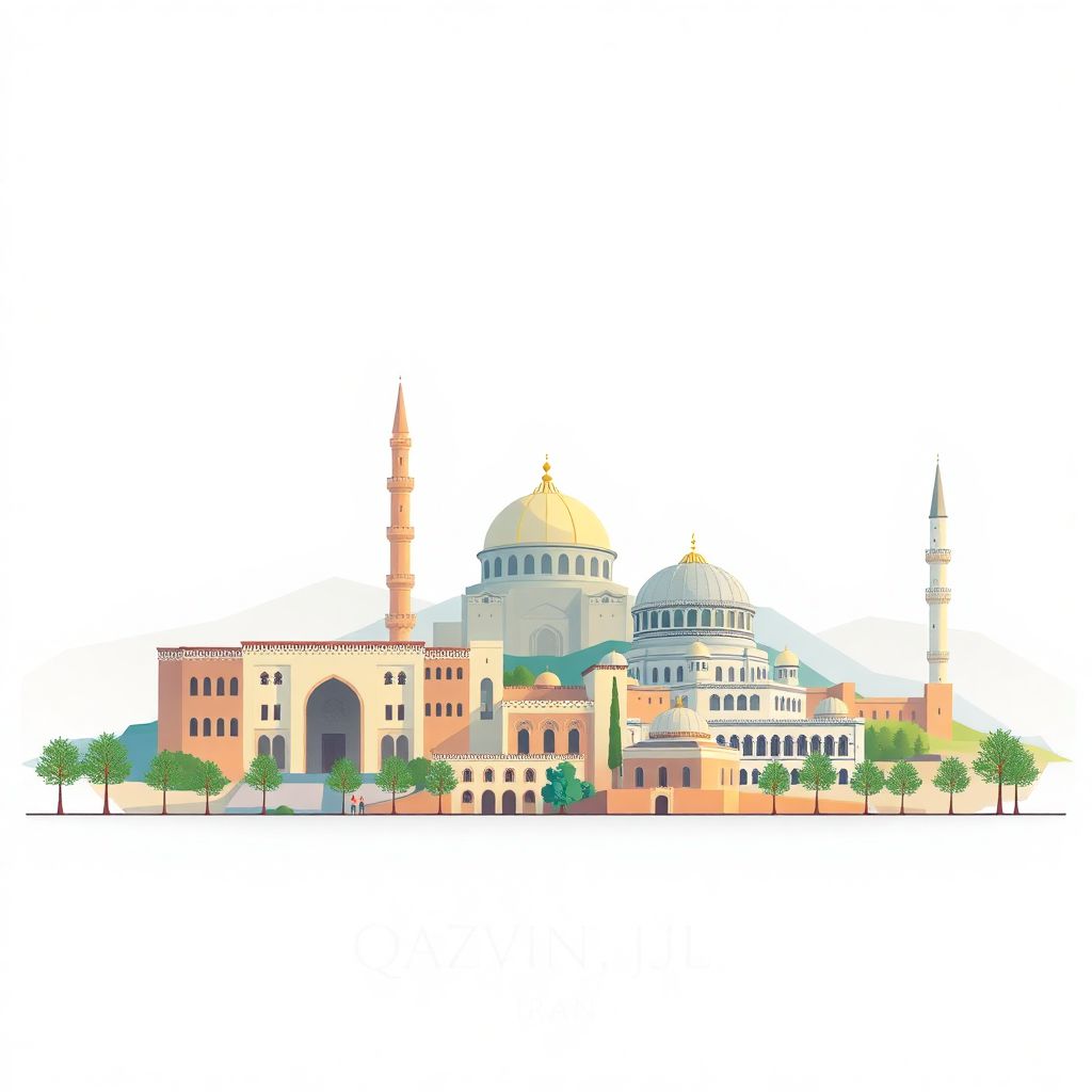 Ultra-high-definition gradient illustration style Qazvin Province illustration, showing the unique charm of the Caravanserai of Sa'd al-Saltaneh and the Jameh Mosque of Qazvin.