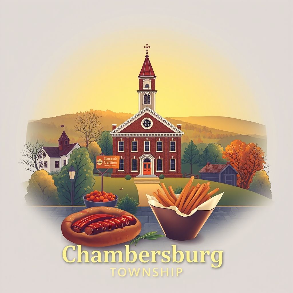 Ultra-high-definition gradient illustration of Chambersburg Township, featuring the historic Chambersburg Township Hall, scenic countryside, and North Carolina barbecue.