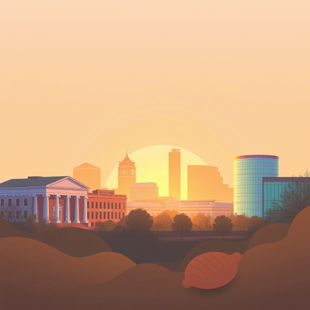Ultra-high-definition gradient illustration of Dallas, North Carolina, featuring the Gaston County Museum of Art & History, the Schiele Museum of Natural History, and local barbecue specialties.