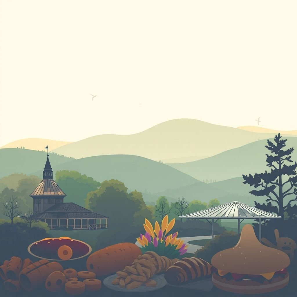 Ultra-high-definition gradient illustration of Gaston County, featuring Daniel Stowe Botanical Garden, Crowders Mountain State Park, and local barbecue.