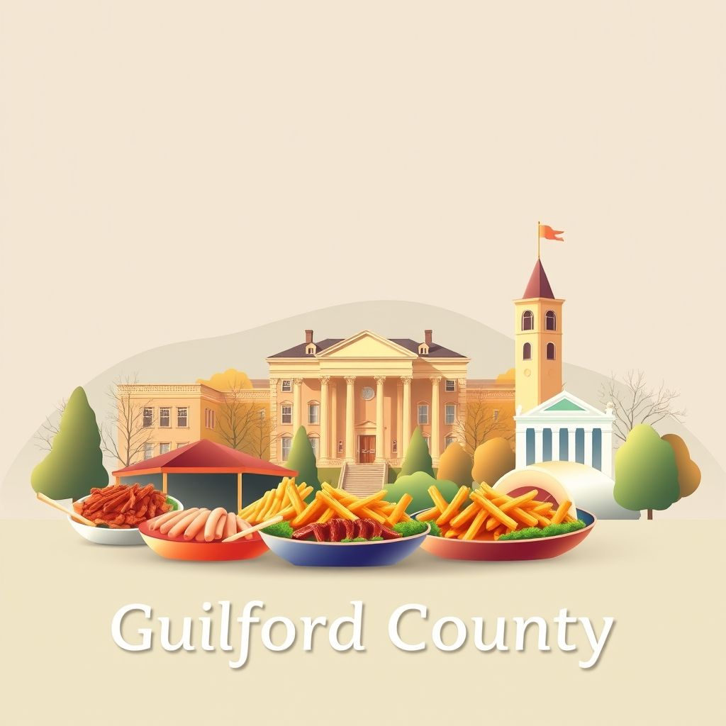 Ultra-high-definition gradient illustration of Guilford County, featuring the Blandwood Mansion, Guilford Courthouse National Military Park, and Lexington-style barbecue.