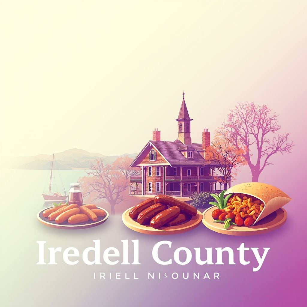 Ultra-high-definition gradient illustration of Iredell County, North Carolina, featuring Lake Norman, the historic Sharpe House, and Lexington-style barbecue.
