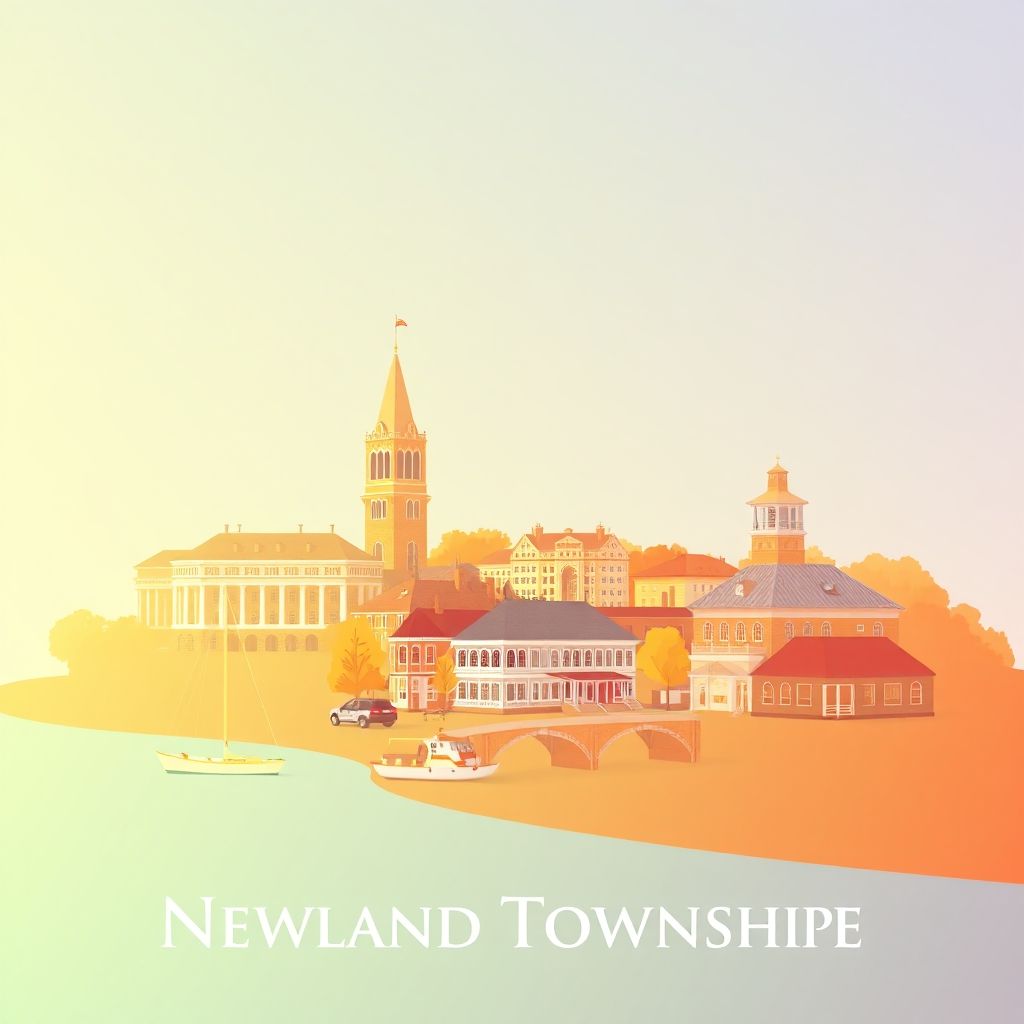 Ultra-high-definition gradient illustration of Newland Township featuring Elizabeth City Waterfront Park, the Museum of the Albemarle, and Carolina-style barbecue.