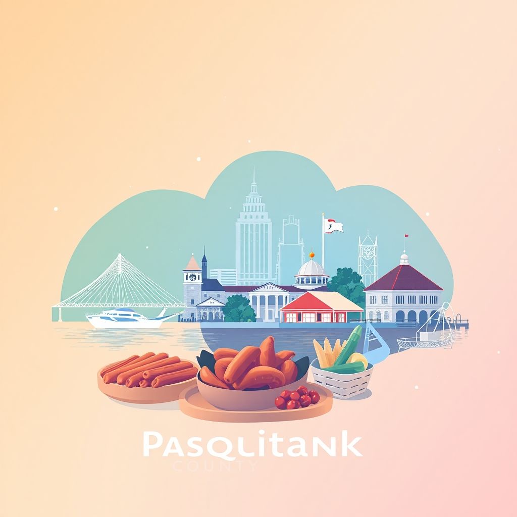 Ultra-high-definition gradient illustration of Pasquotank County, North Carolina, featuring Elizabeth City Waterfront Park, the Museum of the Albemarle, and Carolina-style barbecue.