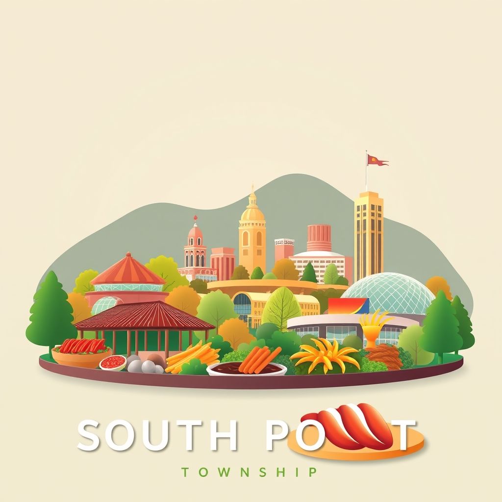 Ultra-high-definition gradient illustration of South Point Township, featuring the Daniel Stowe Botanical Garden, the U.S. National Whitewater Center, and Carolina barbecue.