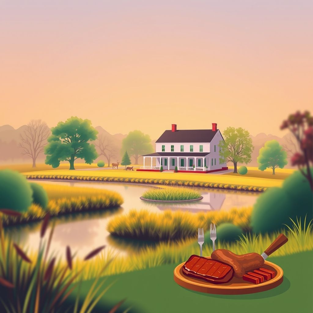 Ultra-high-definition gradient illustration of Township of Tally Ho, featuring the historic Tally Ho Plantation, the scenic Tar River, and Carolina-style barbecue.