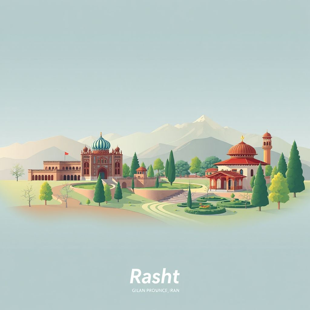 Ultra-high-definition gradient illustration style Rasht, Iran illustration, highlighting the Gilan Rural Heritage Museum and the Mohtasham Garden.