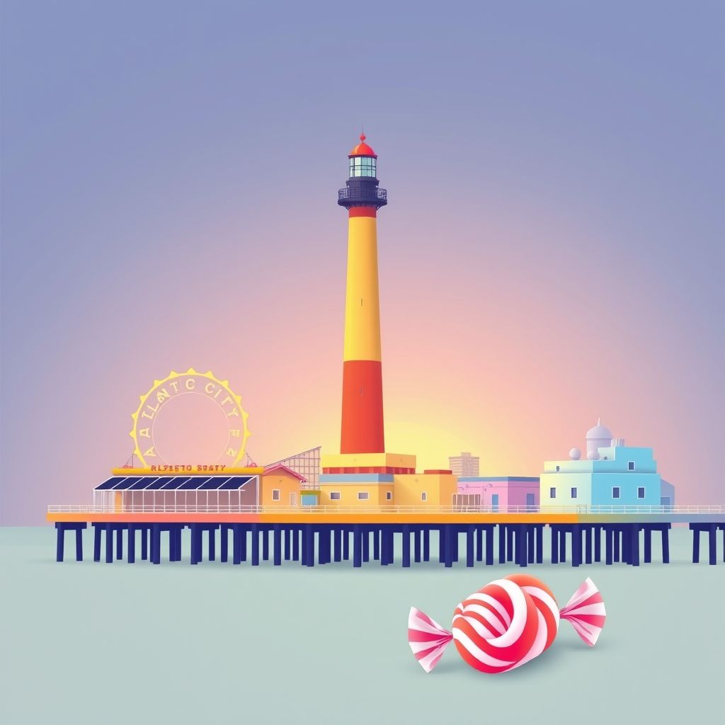 Ultra-high-definition gradient illustration of Atlantic County, New Jersey, featuring the Atlantic City Boardwalk, the Absecon Lighthouse, and saltwater taffy.