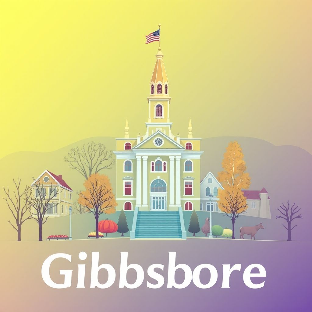 Ultra-high-definition gradient illustration of Gibbsboro, featuring the Gibbsboro Town Hall, scenic parks, historic sites, and tomato pies.