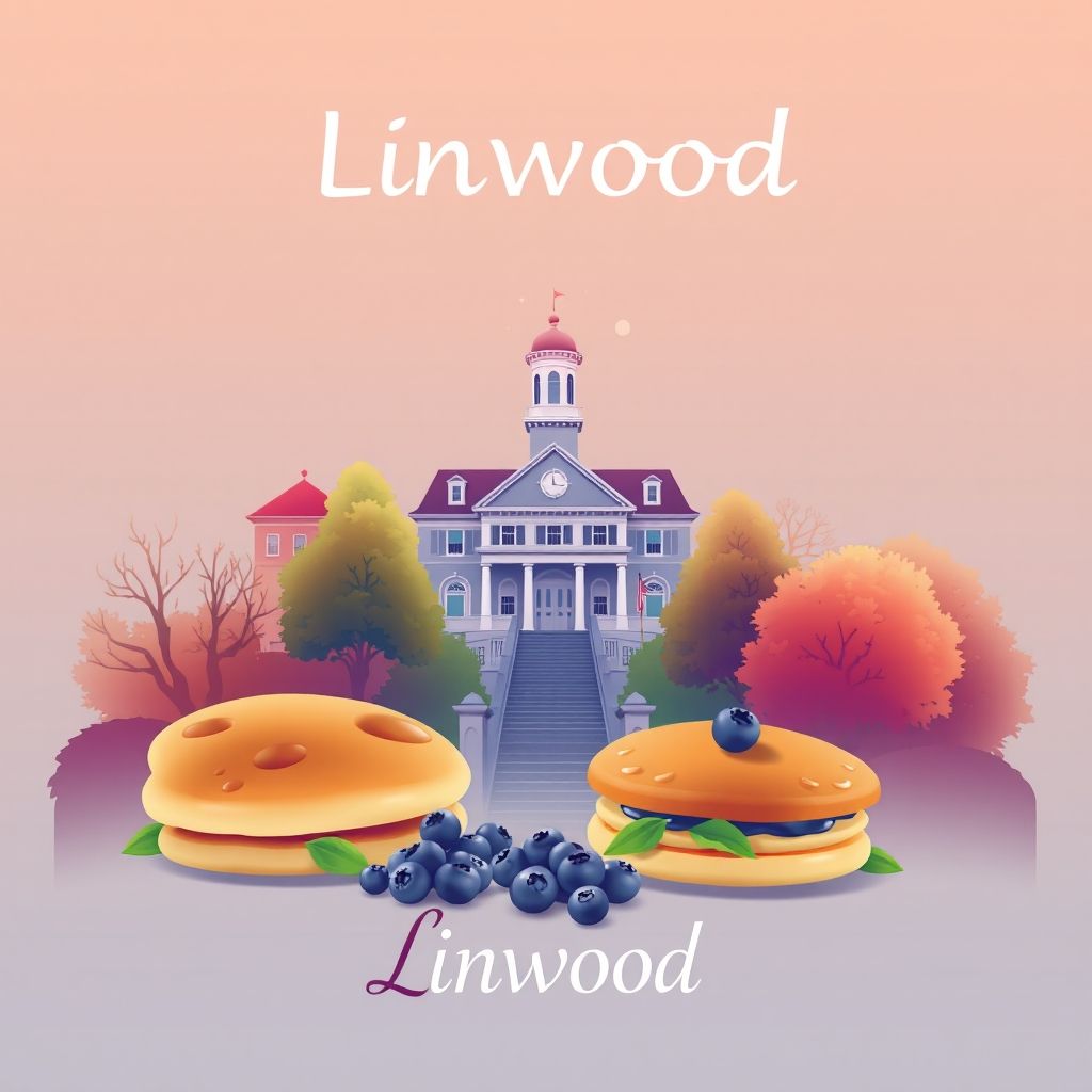 Ultra-high-definition gradient illustration of Linwood, featuring Linwood Hall, the Linwood Arboretum, and blueberry pancakes.