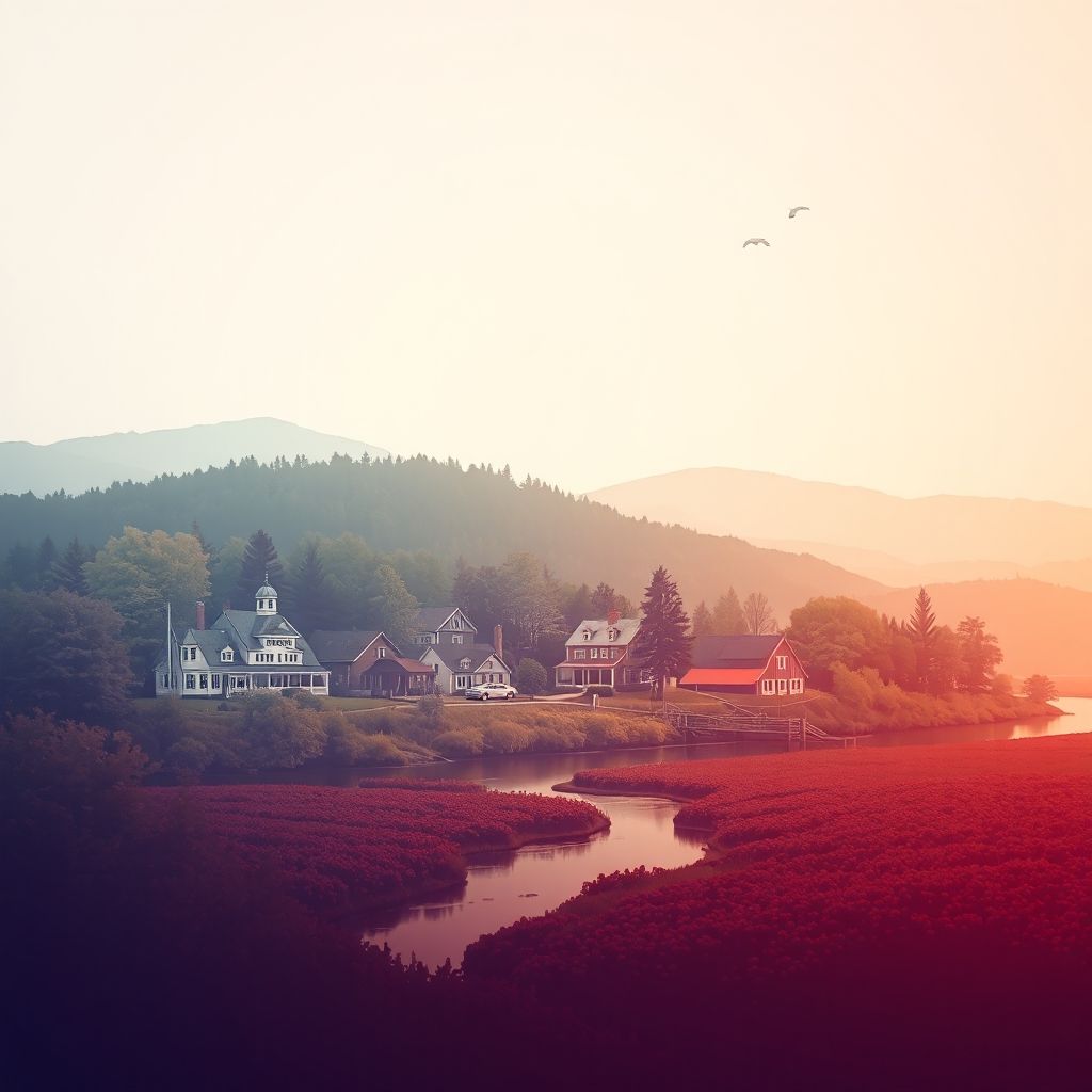 Ultra-high-definition gradient illustration of Township of Mullica, featuring Batsto Village, Mullica River, cranberry bogs, and Pine Barrens.