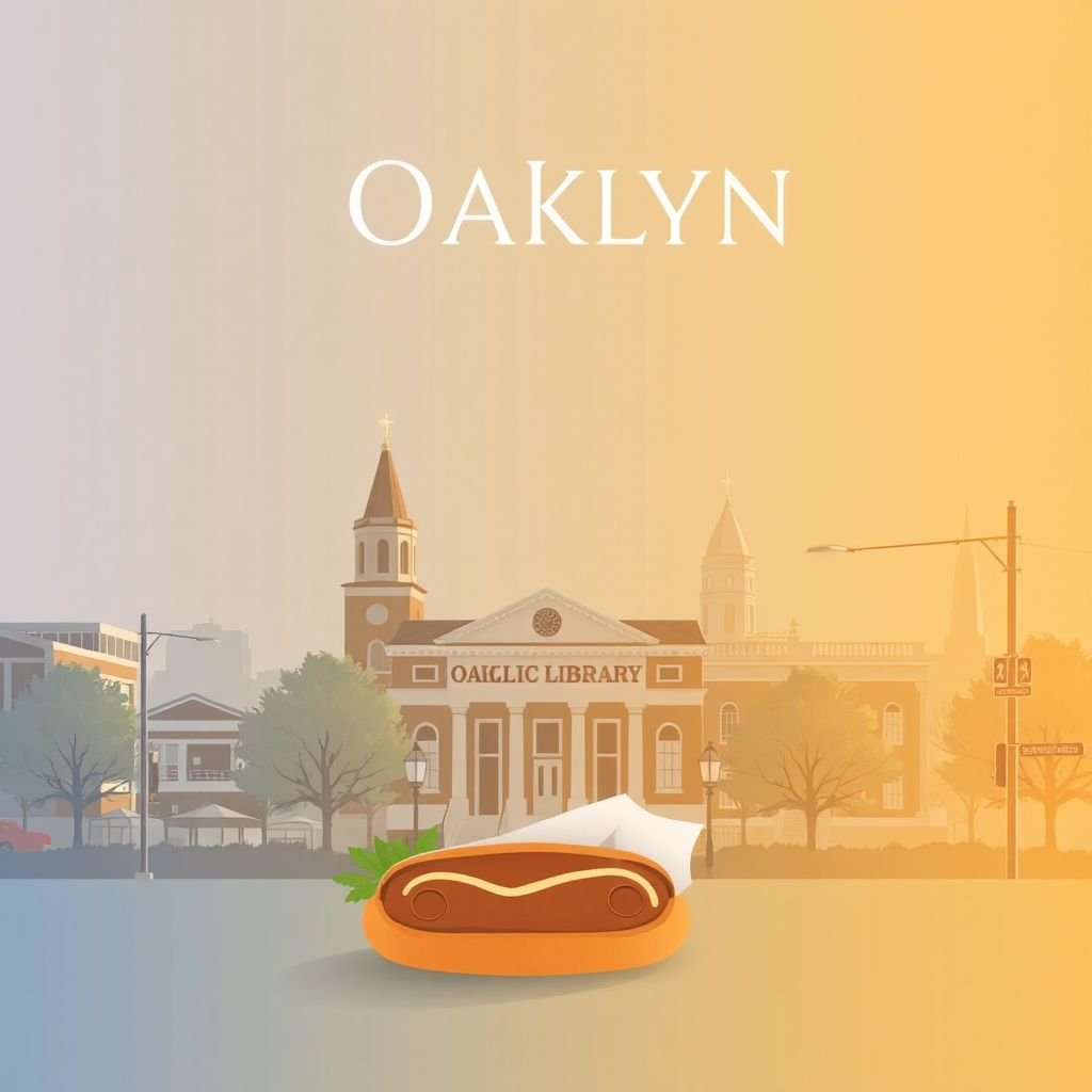 Ultra-high-definition gradient illustration of Oaklyn, featuring the Oaklyn Public Library, historic Newton Avenue, and New Jersey's famous hoagies.