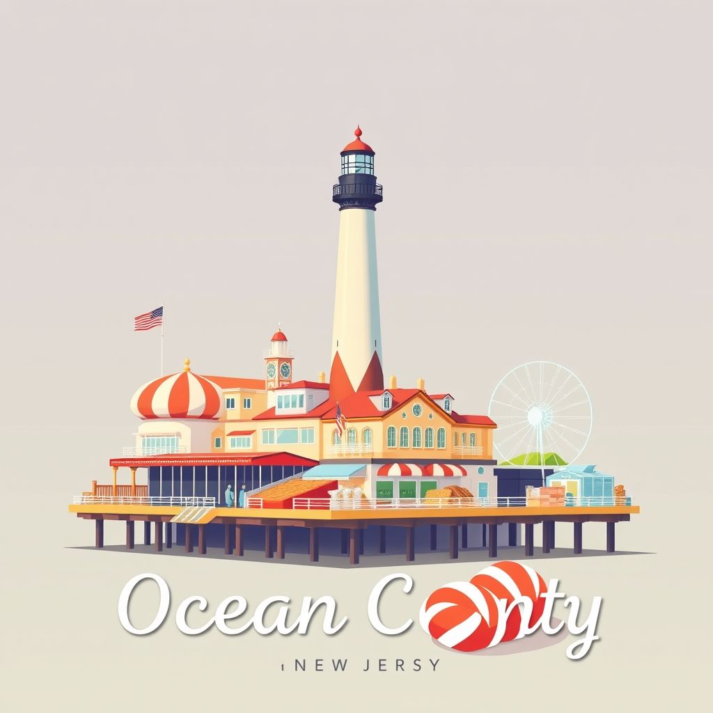 Ultra-high-definition gradient illustration of Ocean County, New Jersey, featuring the Barnegat Lighthouse, Seaside Heights Boardwalk, pork roll, and saltwater taffy.