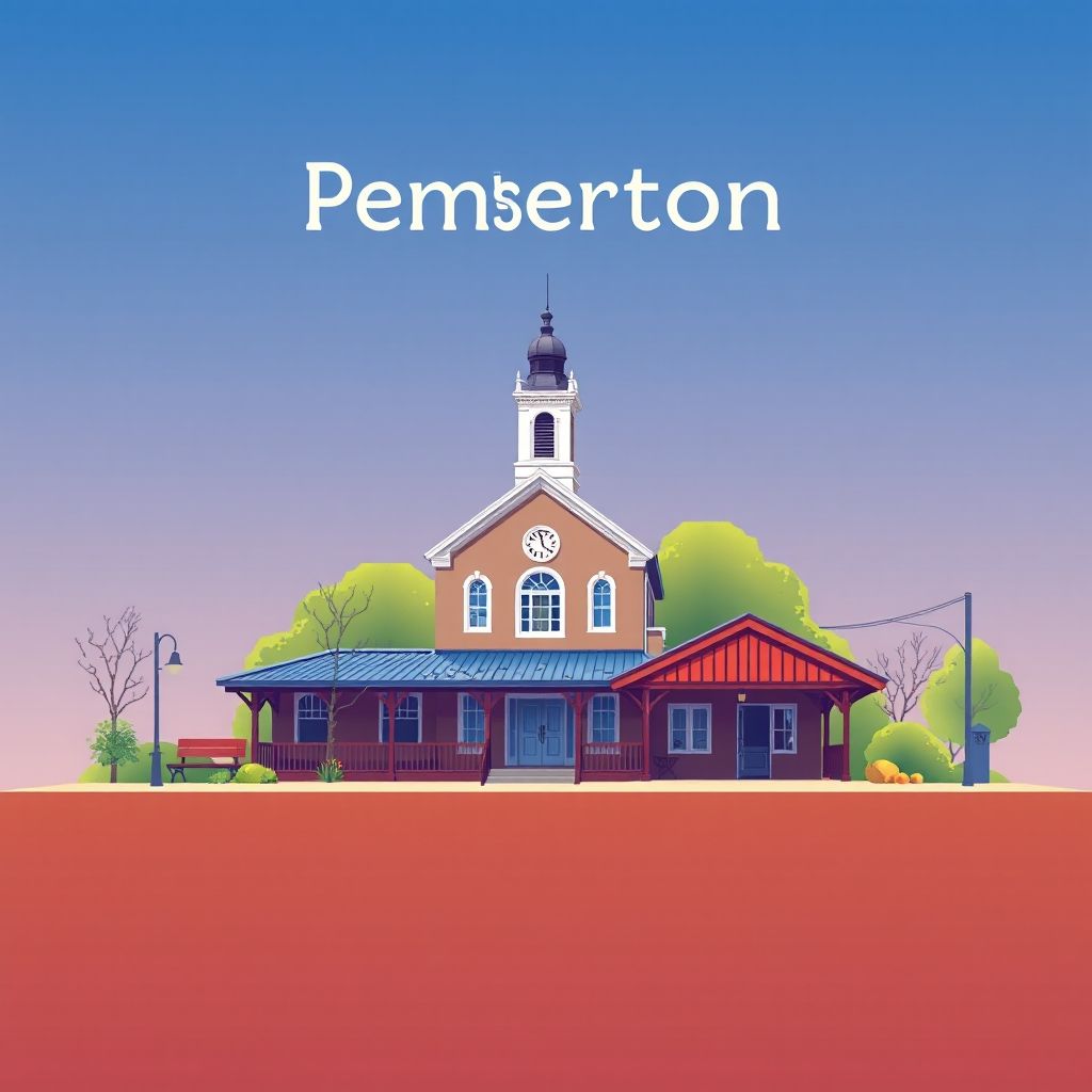 Ultra-high-definition gradient illustration of Pemberton Borough, featuring the Historic Pemberton Borough Hall, Pemberton Railroad Station, and blueberry farms.