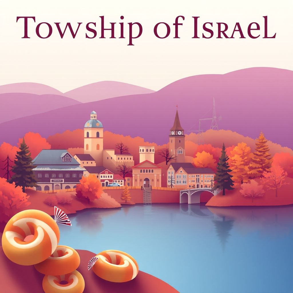 Ultra-high-definition gradient illustration of Township of Israel, Preble County, Ohio, featuring Hopewell Culture National Historical Park, Brushy Fork Lake, and Buckeye candy.