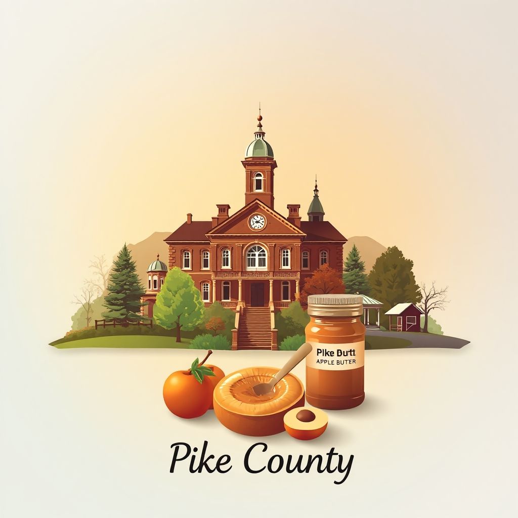 Ultra-high-definition gradient illustration of Pike County, Ohio, featuring the Pike County Courthouse, Pike Lake State Park, and Pike County apple butter.