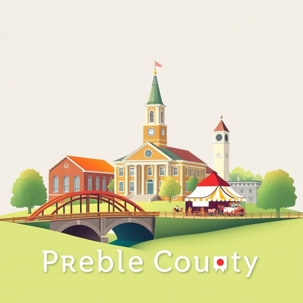 Ultra-high-definition gradient illustration of Preble County, Ohio, featuring the Preble County Courthouse, Roberts Bridge, countryside, and the Preble County Pork Festival.