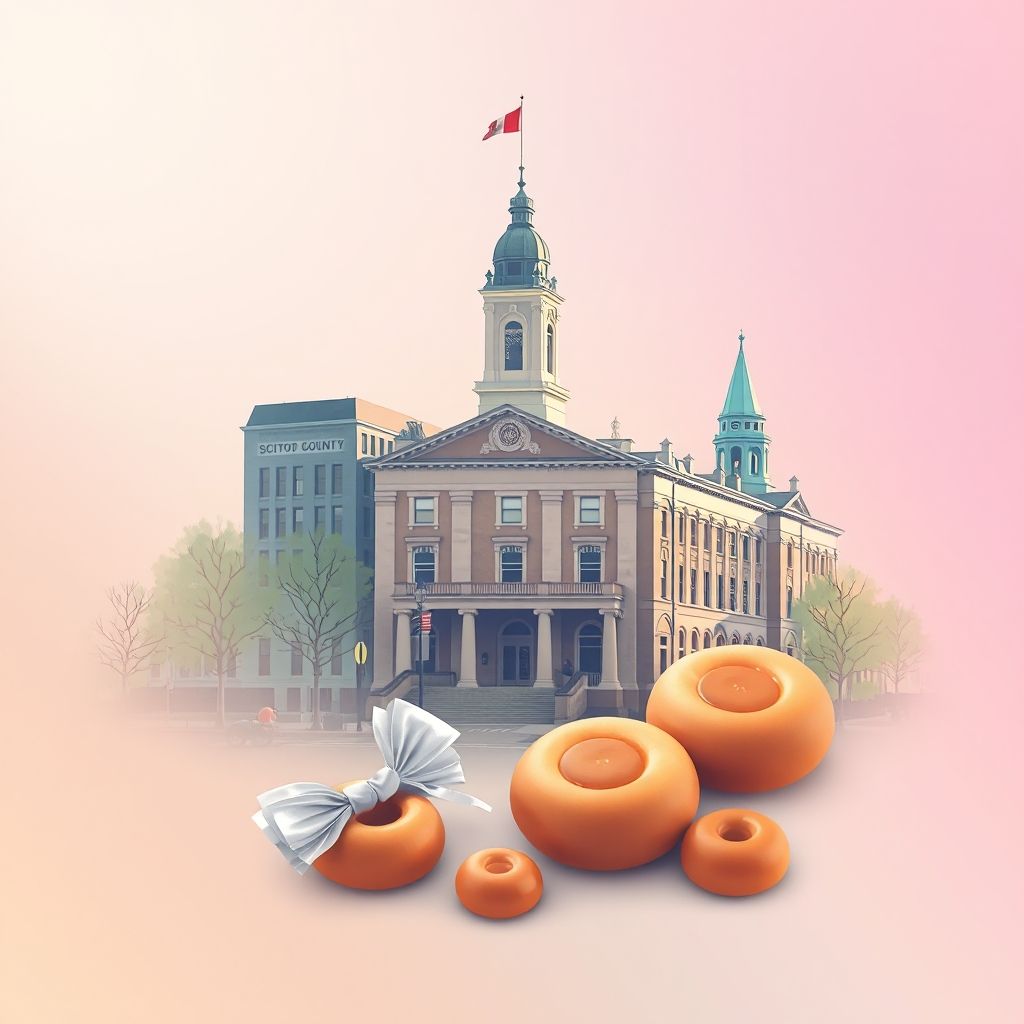Ultra-high-definition gradient illustration of Scioto County, Ohio, featuring the Scioto County Courthouse, historic streets of Portsmouth, and Buckeye candy.
