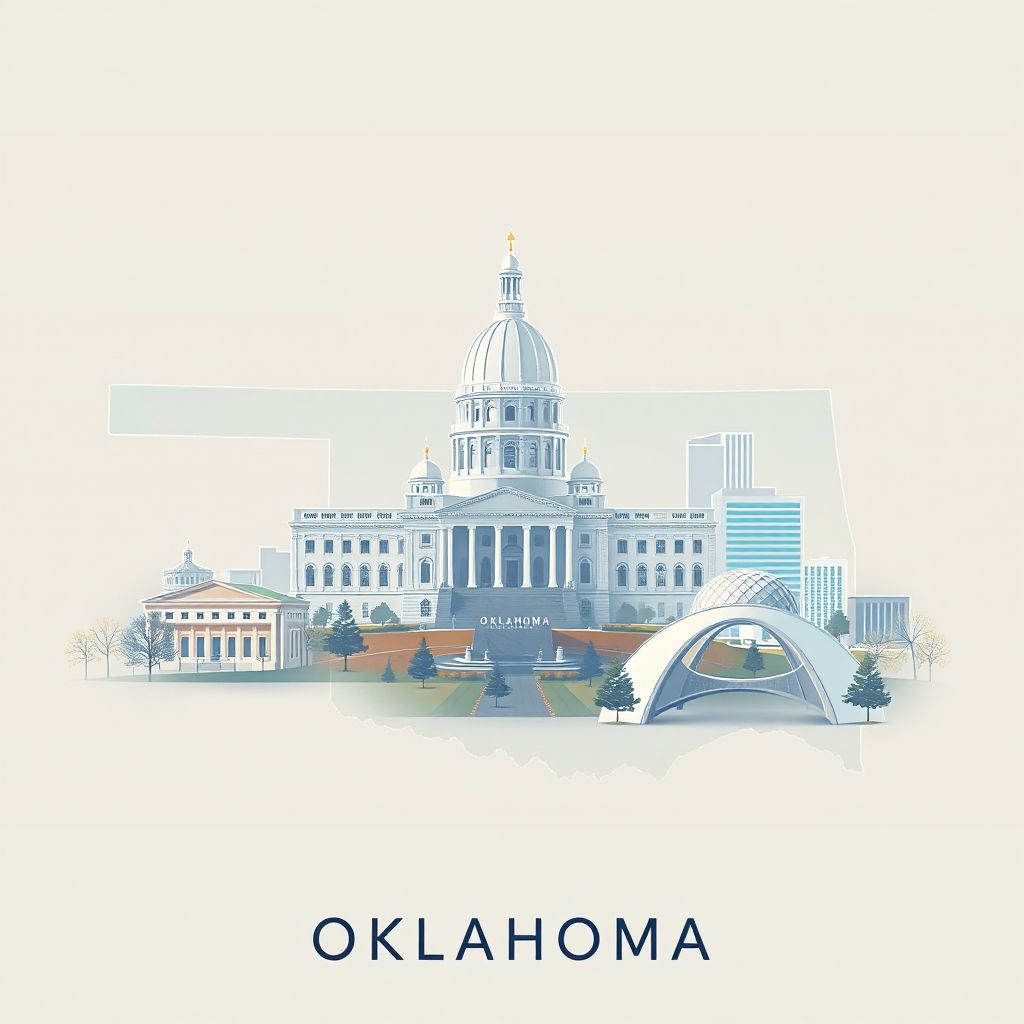Ultra-high-definition gradient illustration style Oklahoma depiction, featuring the Oklahoma State Capitol and the Oklahoma City National Memorial.