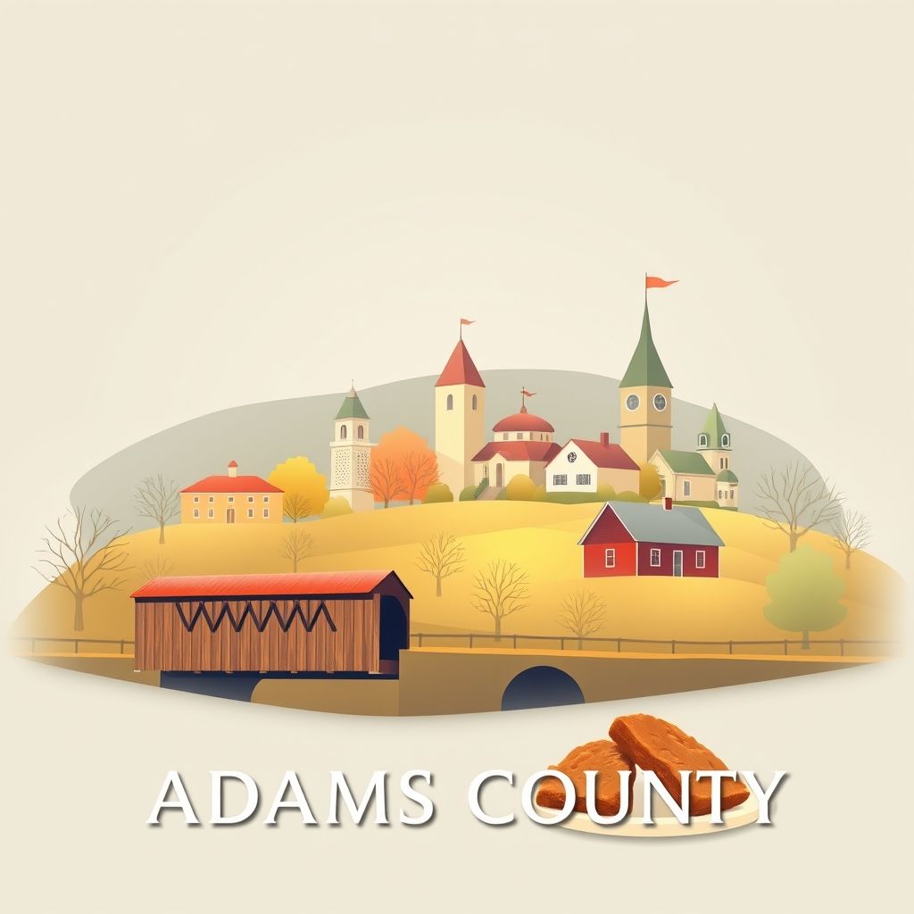 Ultra-high-definition gradient illustration of Adams County, Pennsylvania, featuring Gettysburg National Military Park, Sachs Covered Bridge, and scrapple.