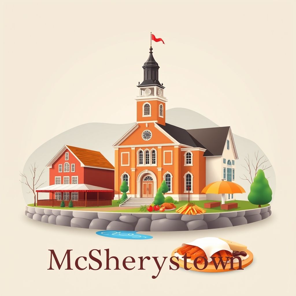 Ultra-high-definition gradient illustration of McSherrystown featuring the historic McSherrystown Borough Hall, Conewago Creek, and Pennsylvania Dutch cuisine.
