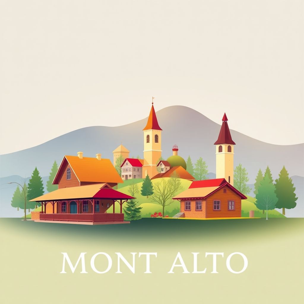 Ultra-high-definition gradient illustration of Mont Alto featuring Mont Alto State Park, the historic Mont Alto Railroad Station, and Pennsylvania Dutch cuisine.