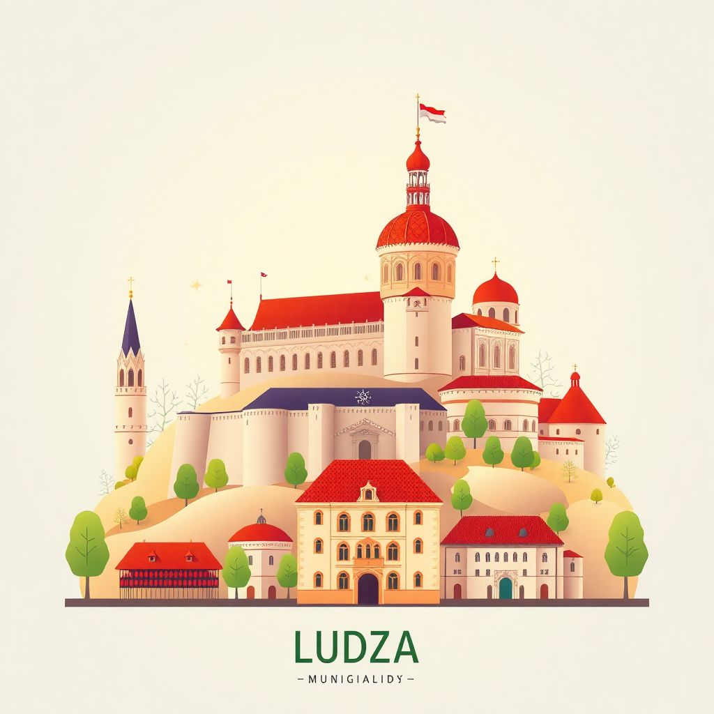 Ultra-high-definition gradient illustration of Ludza Municipality, Ludzas novads, Latvia, featuring Ludza Castle and the Great Ludza Synagogue.
