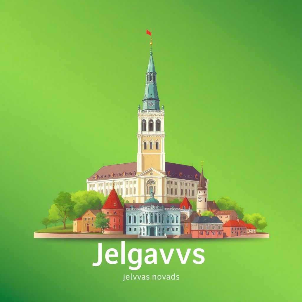 Ultra-high-definition gradient illustration style Jelgavas novads illustration, showing the unique charm of the Jelgava Palace, the Tower of Liesma, and the historic Old Town.