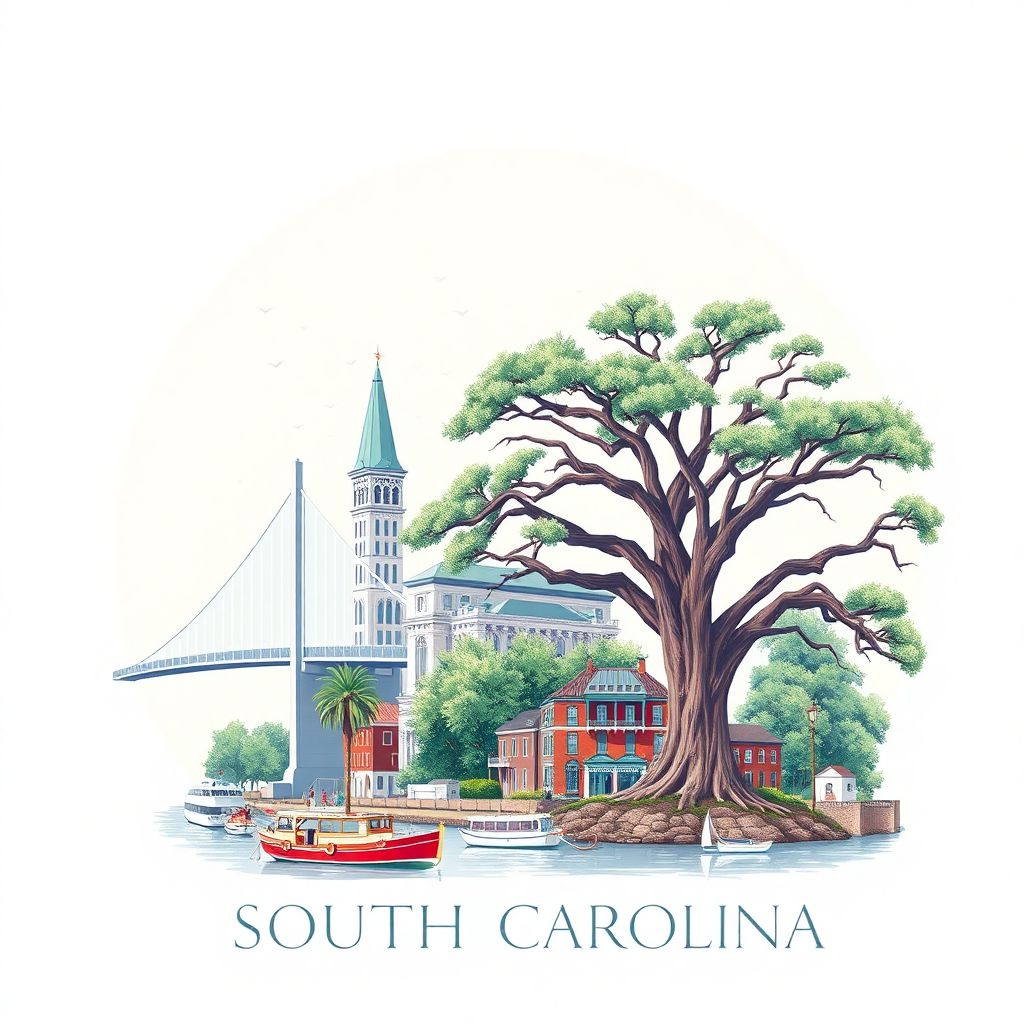 Ultra-high-definition gradient illustration style South Carolina illustration, showing the unique charm of the Ravenel Bridge, Historic Charleston, and the Angel Oak.