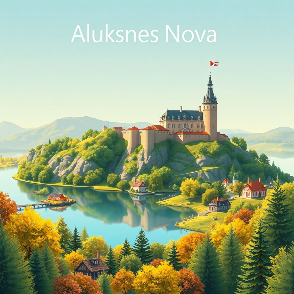 Ultra-high-definition gradient illustration of Aluksnes Novads, Aluksne Municipality, Latvia, featuring Aluksne Castle and Lake Aluksne.