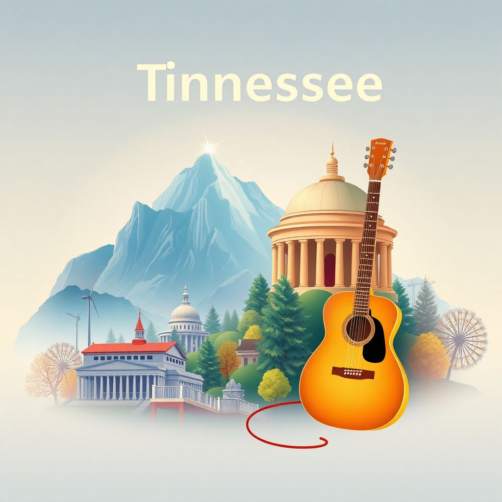 Ultra-high-definition gradient illustration of Tennessee featuring the Great Smoky Mountains National Park, the Country Music Hall of Fame, and the Parthenon in Nashville.