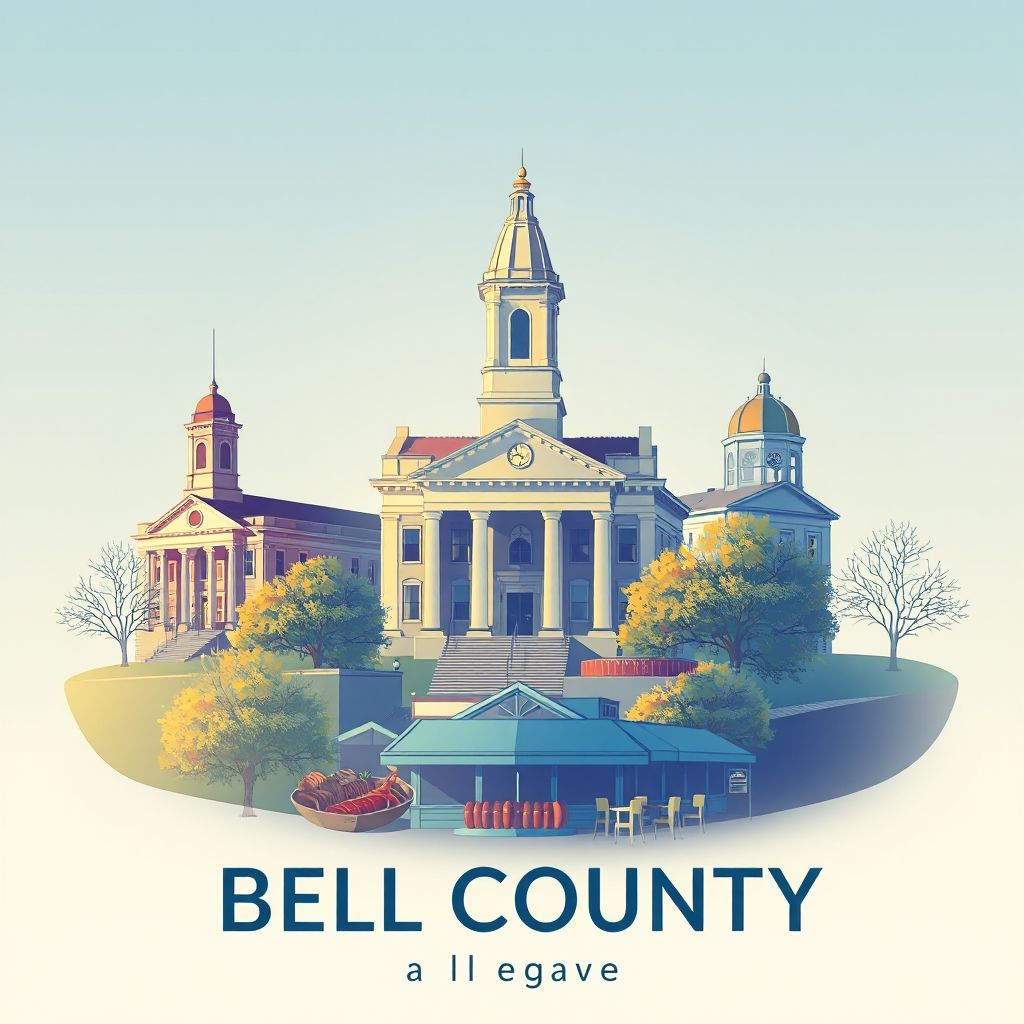 Ultra-high-definition gradient illustration of Bell County, Texas, featuring the Bell County Courthouse, historic architecture of Belton, and Texas barbecue.
