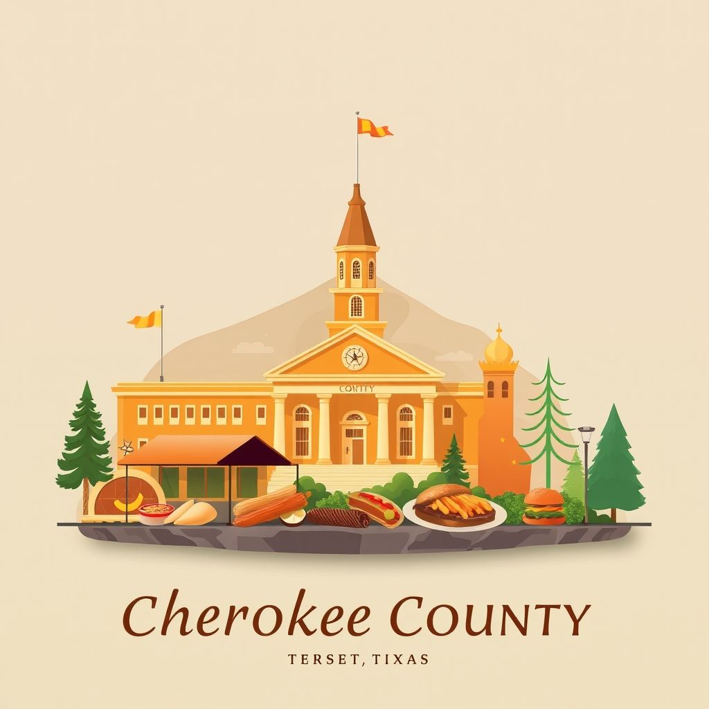 Ultra-high-definition gradient illustration of Cherokee County, Texas, featuring the Cherokee County Courthouse, Davy Crockett National Forest, and Texas barbecue.