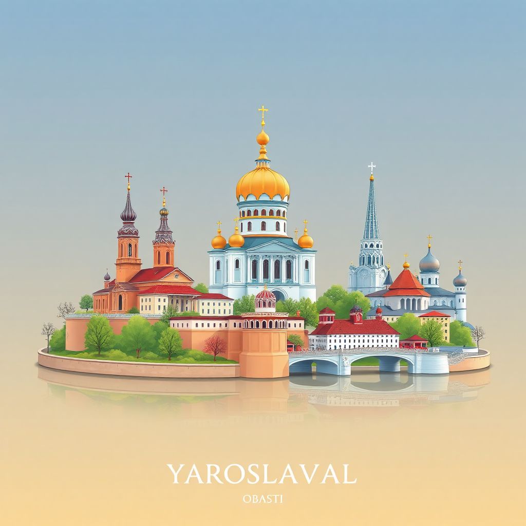 Ultra-high-definition gradient illustration style Yaroslavl Oblast illustration, featuring the Church of Elijah the Prophet, the Monument to Yaroslav the Wise, and the Volga River.