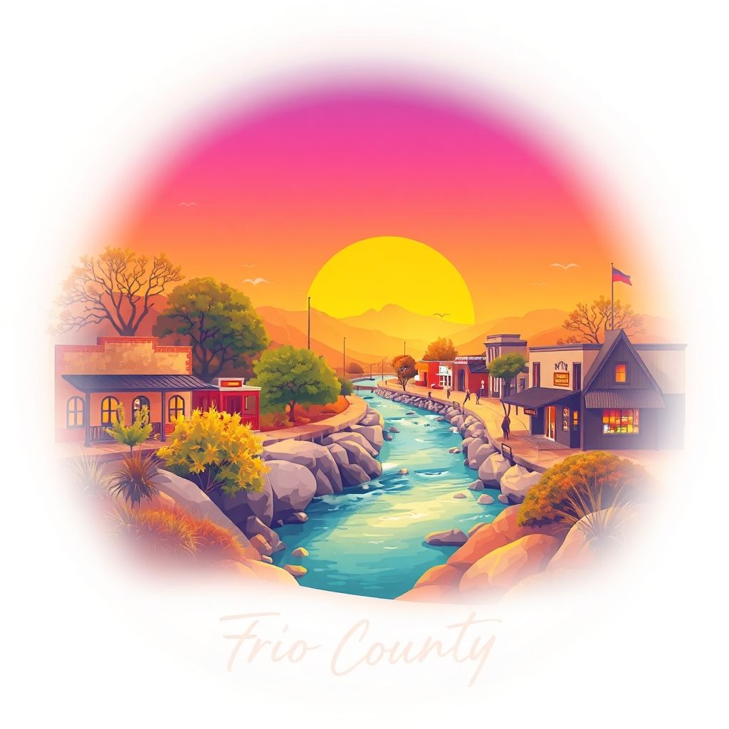 Ultra-high-definition gradient illustration of Frio County, Texas, featuring the Frio River, historic Pearsall downtown, and Tex-Mex cuisine.